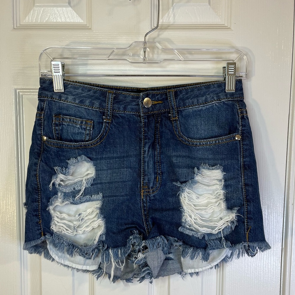 Fashion Nova Distressed Medium Wash High-Rise Jean Shorts - Picture 1 of 6